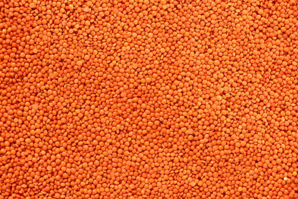 High-resolution macro image of red lentils, focusing on texture and color.